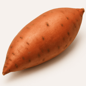 Fresh sweet potato, whole and sliced, on white background
