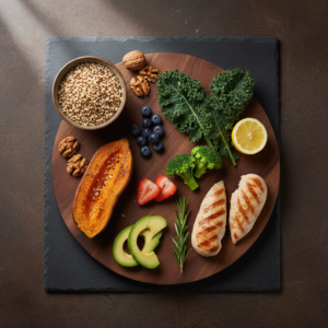 A curated spread of whole foods on a walnut cutting board: quinoa, sweet potato, walnuts, berries, kale, broccoli, avocado, and grilled chicken