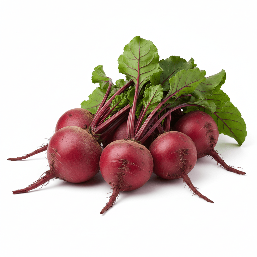 Fresh beets, whole and sliced, on white background