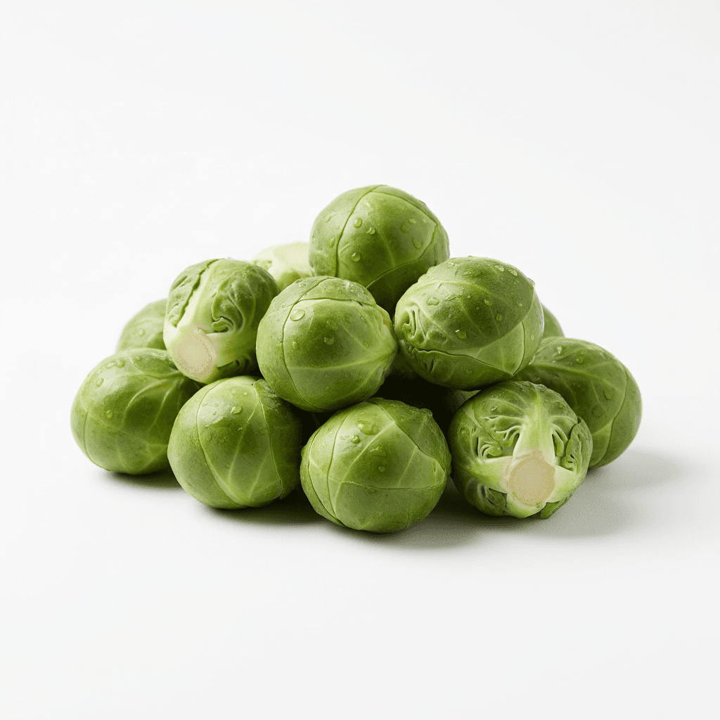 Fresh Brussels sprouts, whole and halved, on white background