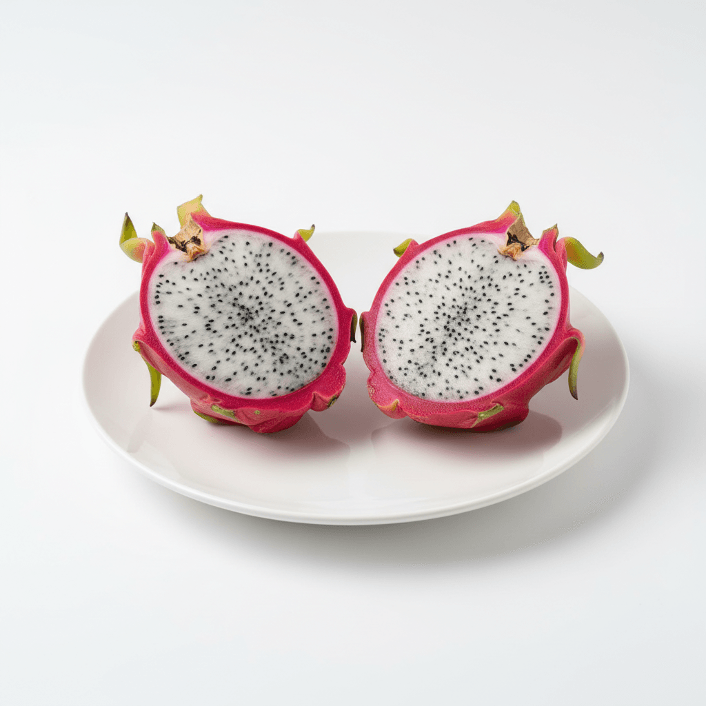 Fresh dragon fruit, whole and sliced, on white background