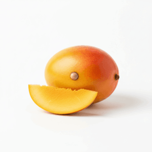 Fresh mango, whole and sliced, on white background