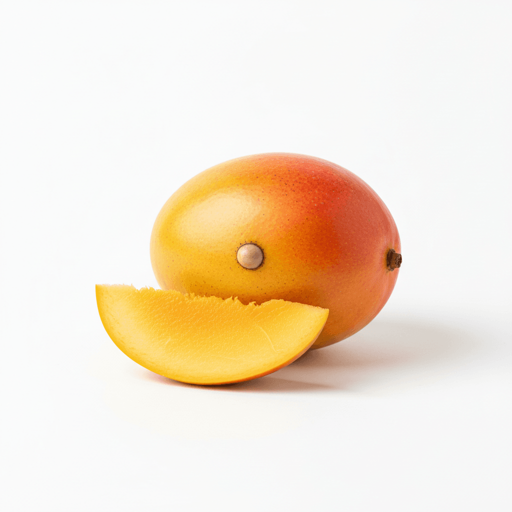 Fresh mango, whole and sliced, on white background