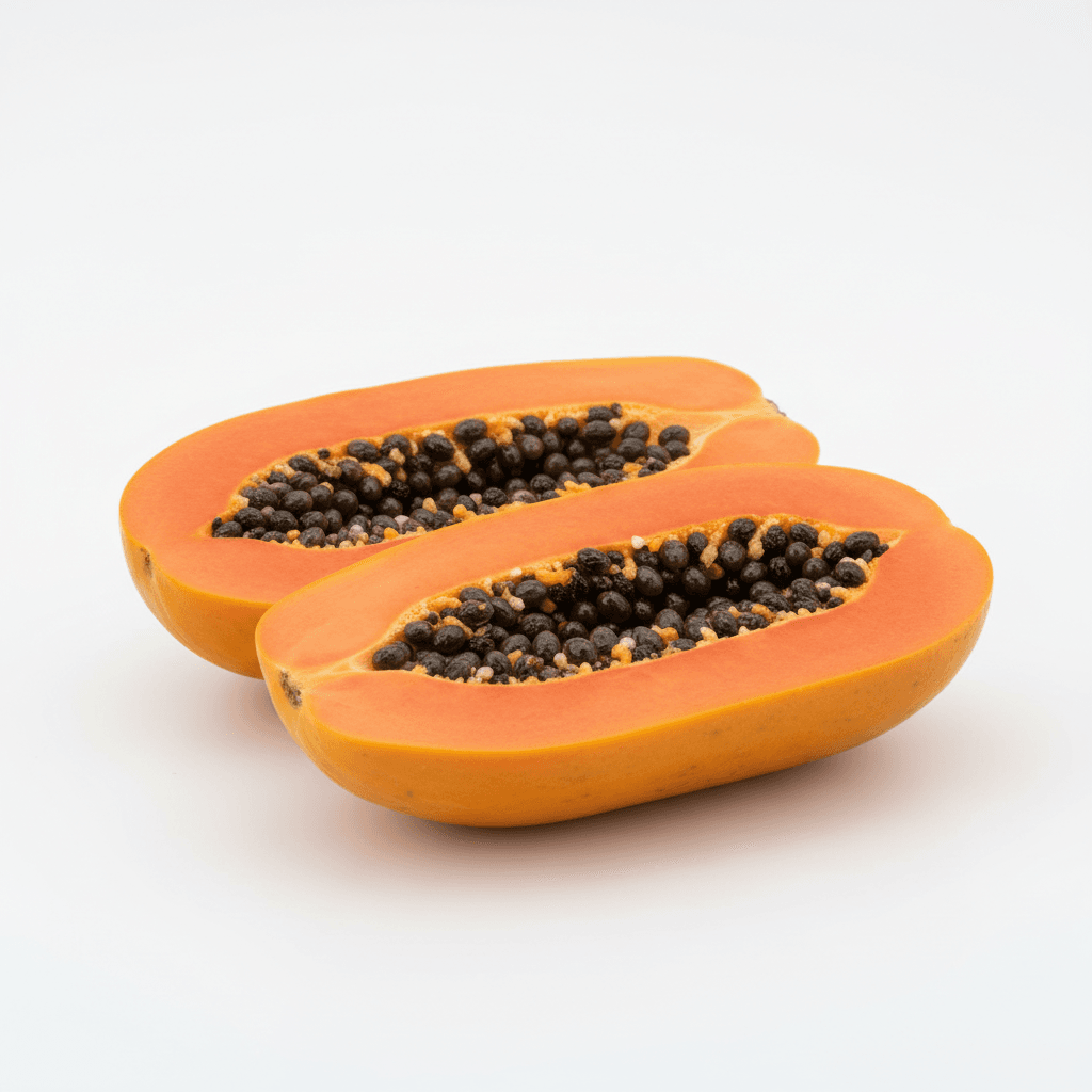 Fresh papaya, whole and sliced, on white background