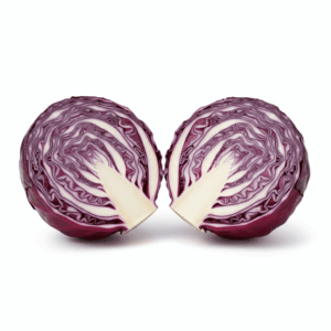 Fresh red cabbage, whole and halved, on white background