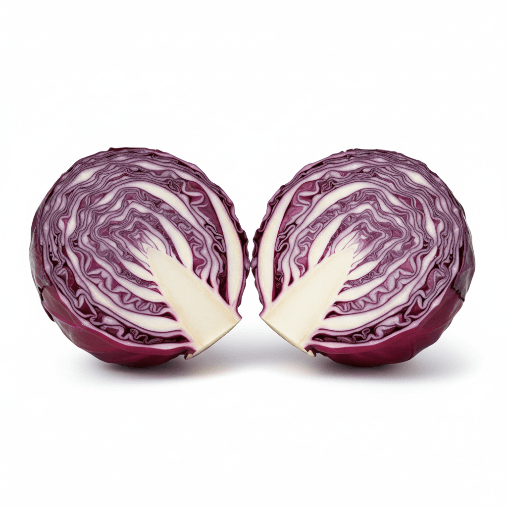 Fresh red cabbage, whole and halved, on white background