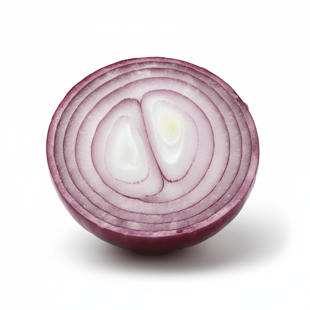 Fresh red onion, whole and sliced, on white background