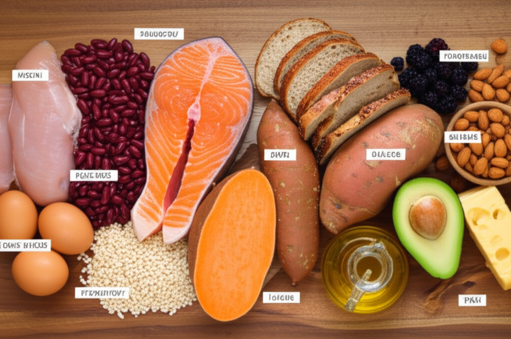 Whole foods arranged in three groups: proteins, carbohydrates, and fats
